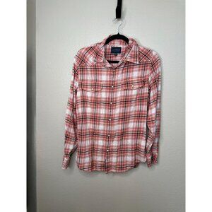 Lucky Brand Mens Orange & White‎ Plaid Flannel Medium Long Sleeve Snap Button